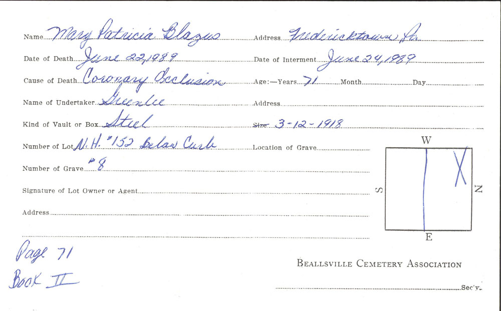Mary Blazus burial card